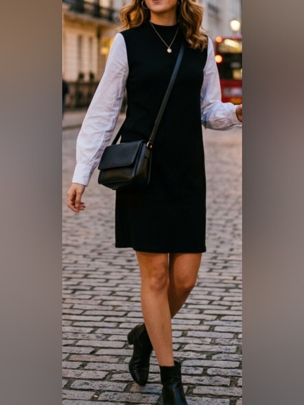 Zara Basic Black Ribbed Layered Dress with White Sleeves Mock Neck Size XS